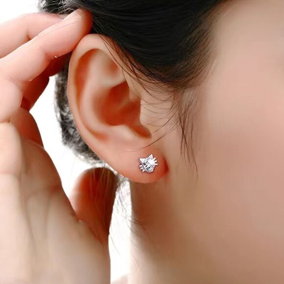 💎🐈Sterling Silver CZ Diamond Stud Cat Earrings🐈💎 - Picture 5 of 17